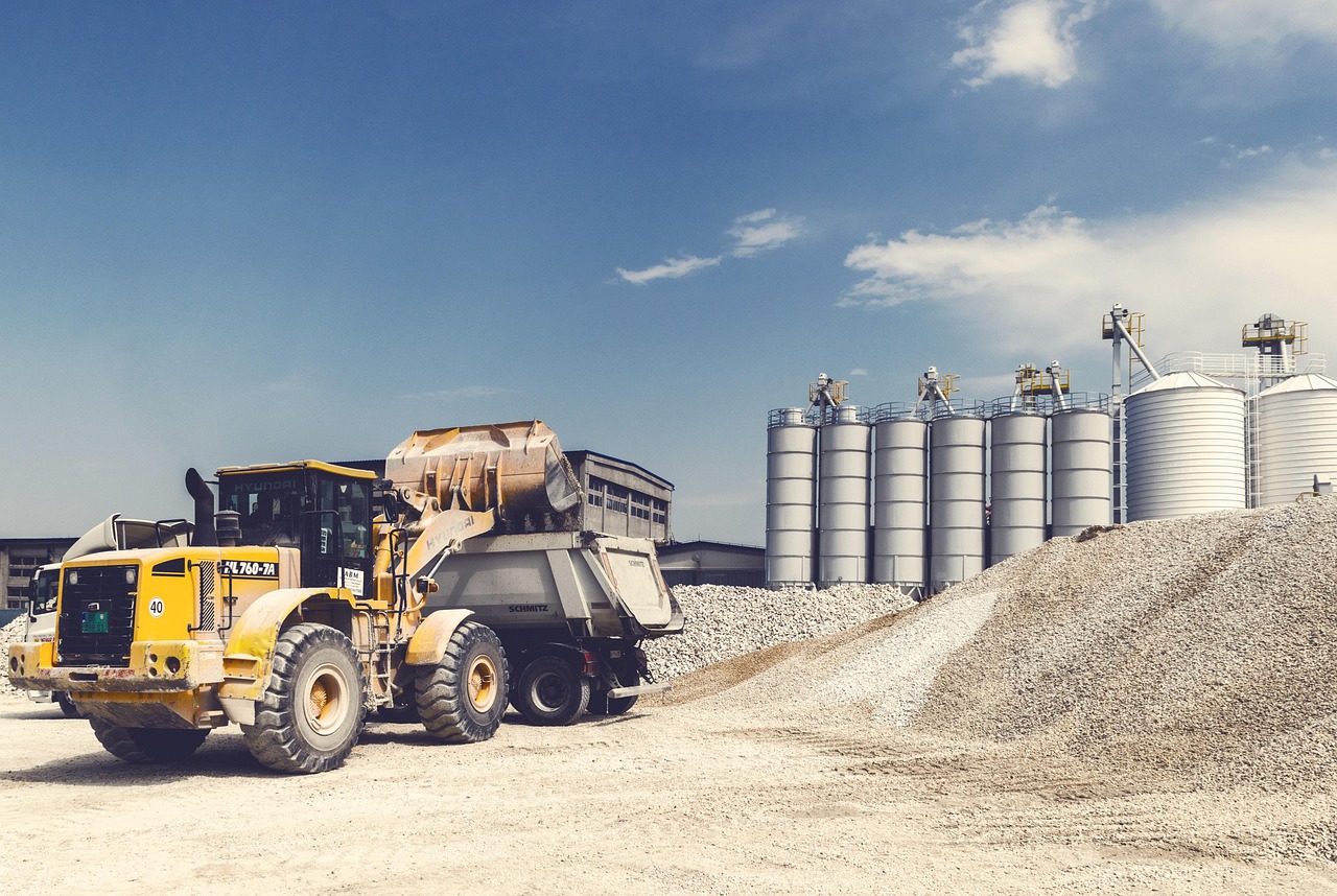 loader, gravel, digger, excavator, heavy, heavy equipment, industrial, large, machine, machinery, silos, technology, tru