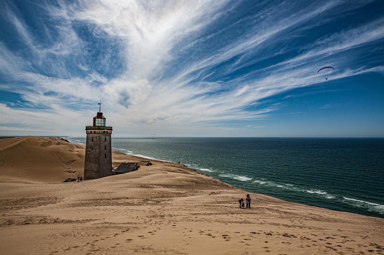 lighthouse, beach, nature, sand, sea, coast, dune, category, heaven, rubjerg knude fyr, jutland, denmark, paraglider, pa