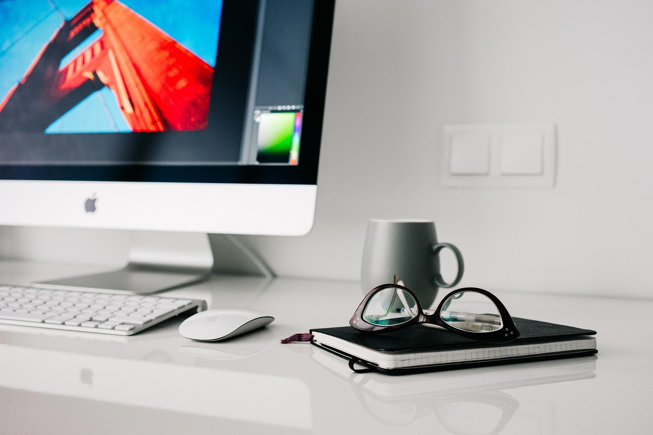 office, home, workspace, work from home, home office, computer, desktop computer, technology, glasses, desktop, notebook